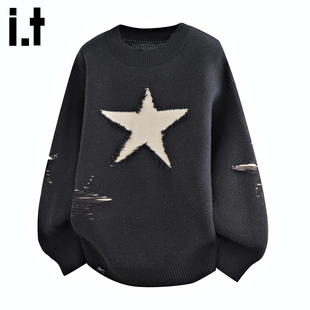 圆领长袖 2025秋冬季 FIVECM痞帅星星刺绣针织毛衣男士 上衣 5cm