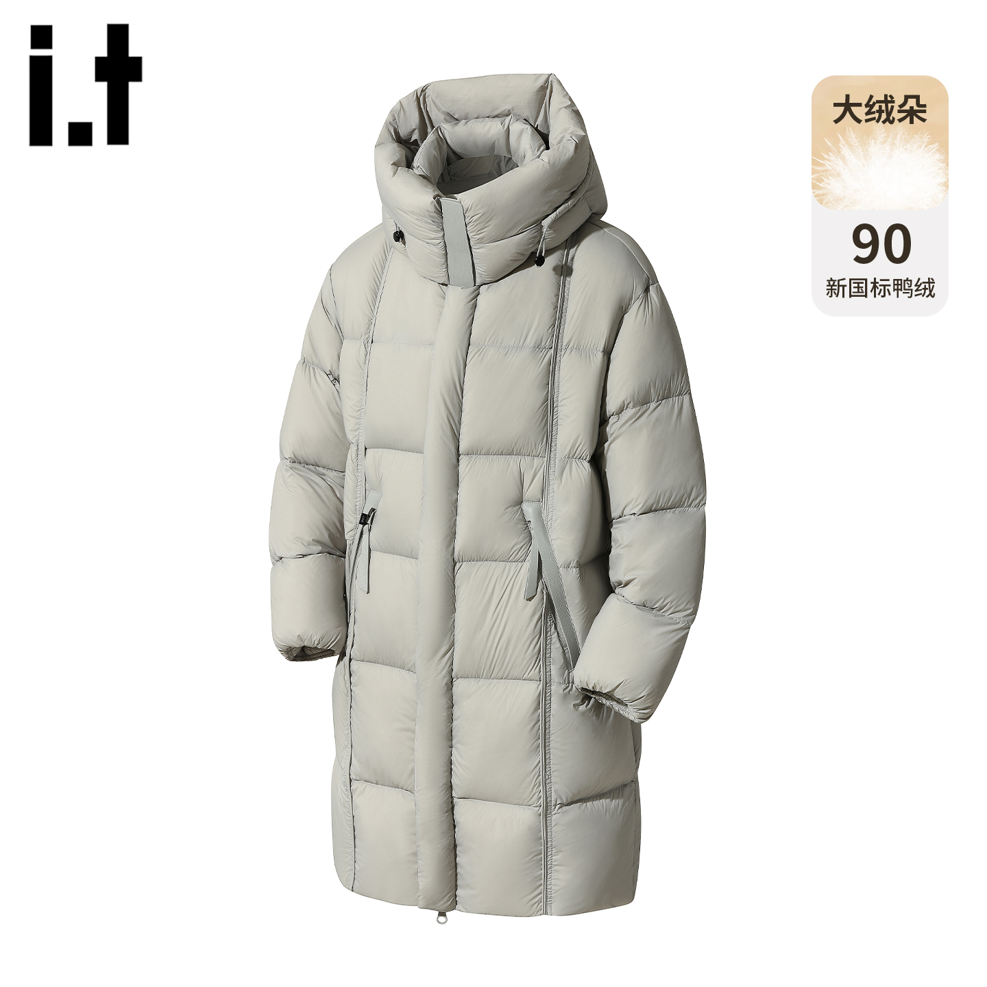 it5cm灰色长款连帽加厚羽绒服