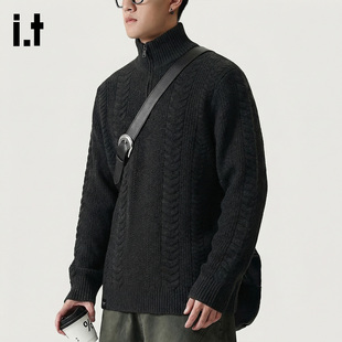 it :5cm/FIVECM立领毛衣男款春季宽松休闲针织衫立领麻花开衫外套
