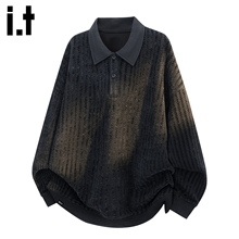 it :5cm/FIVECM黑色条纹POLO衫卫衣男2025秋冬鱼骨纹宽松长袖上衣