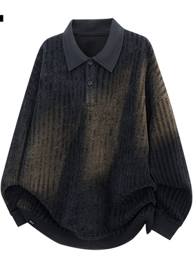 it :5cm/FIVECM黑色条纹POLO衫卫衣男2025秋冬鱼骨纹宽松长袖上衣