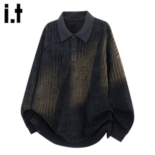 卫衣男2025秋冬鱼骨纹宽松长袖 FIVECM黑色条纹POLO衫 上衣 5cm