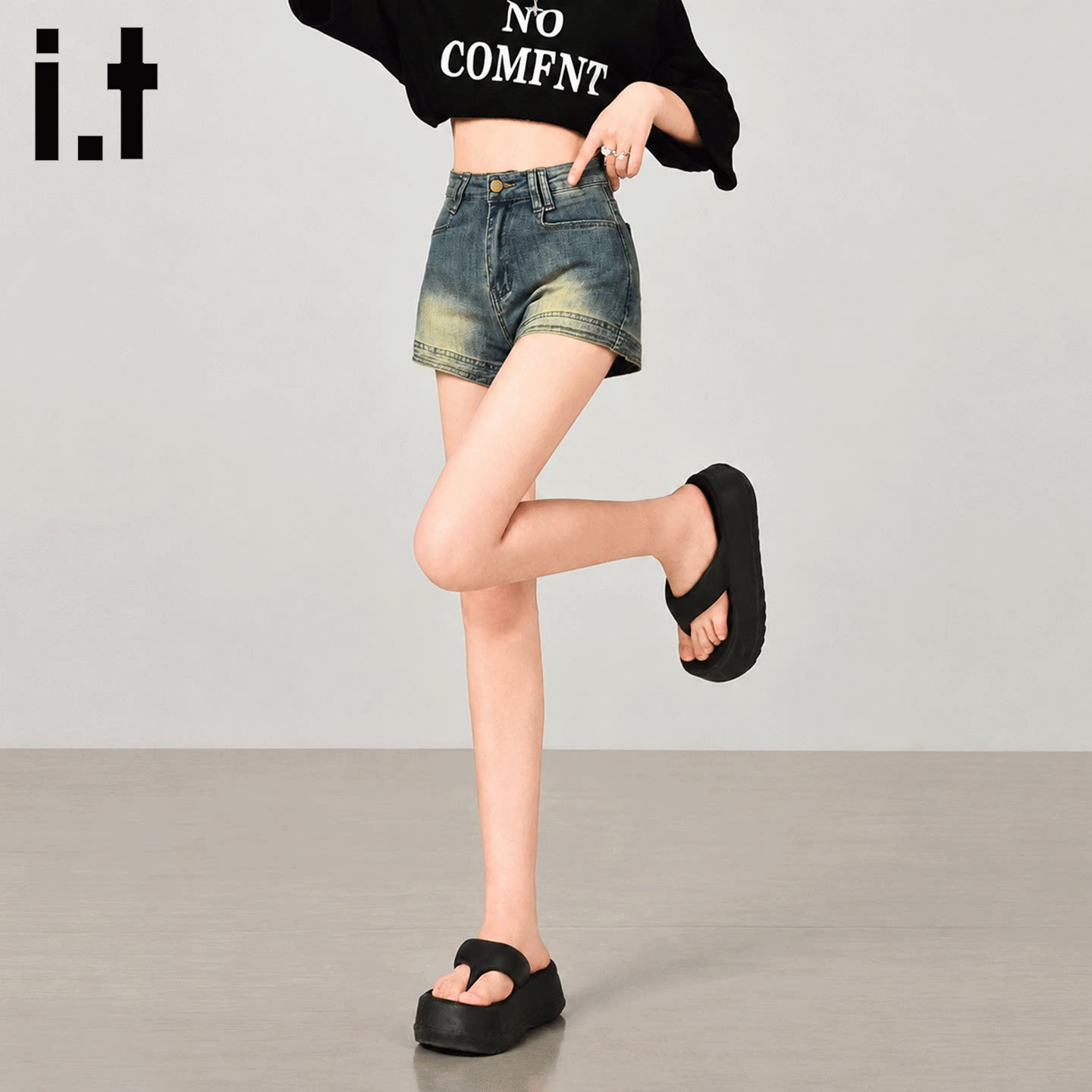 it FIVECM复古做旧高腰牛仔短裤女夏季辣妹修身显瘦百搭紧身裤子