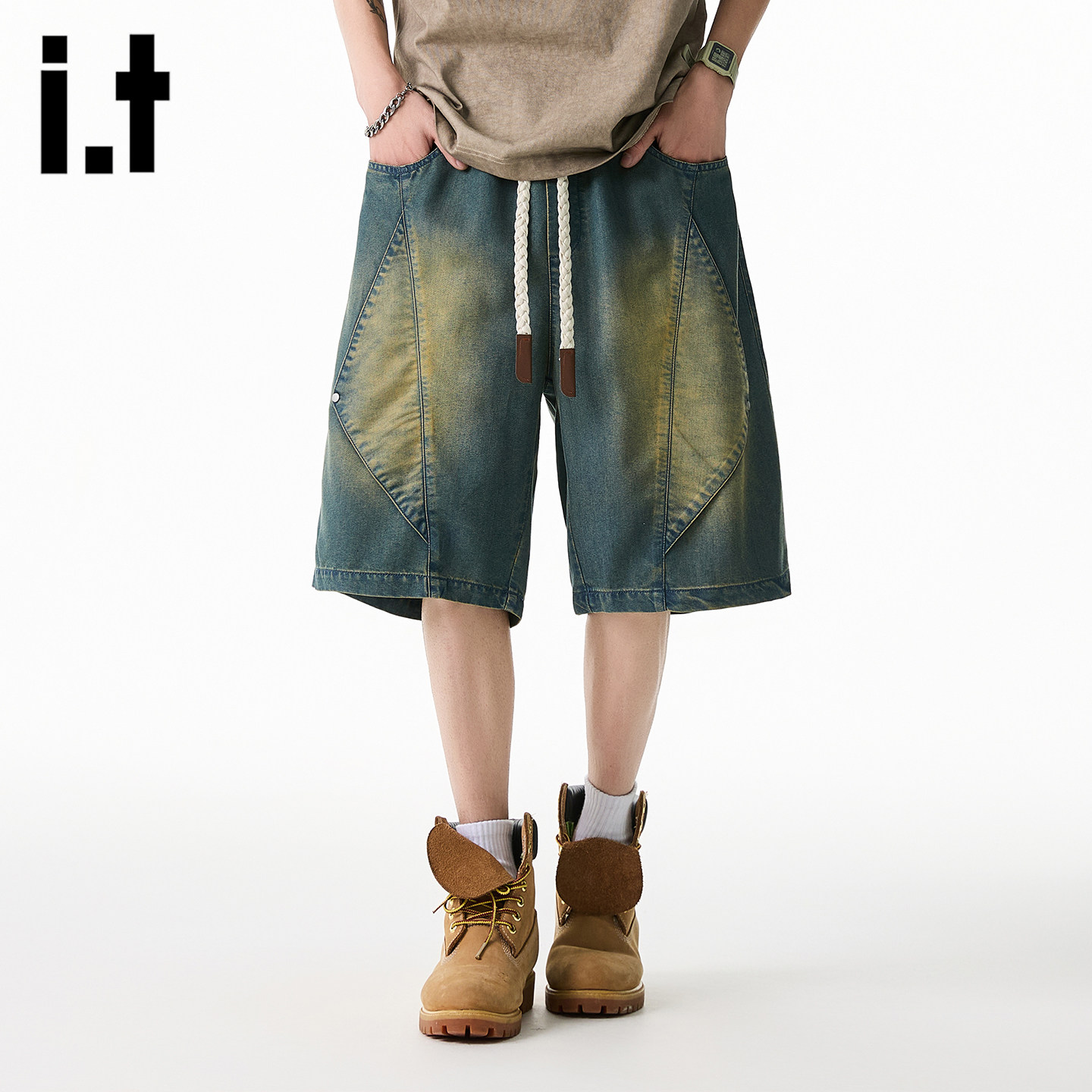 it FIVECM2026夏季潮牌休闲牛仔短裤宽松做旧拼接五分裤男牛仔裤