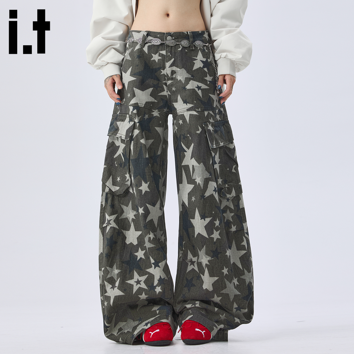 美式高街潮牌迷彩工装弯刀裤