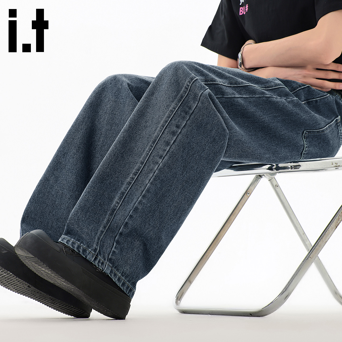 it:5cm/FIVECM美式高街vibe闪电爆裂纹牛仔裤男款潮牌蓝色直筒裤B