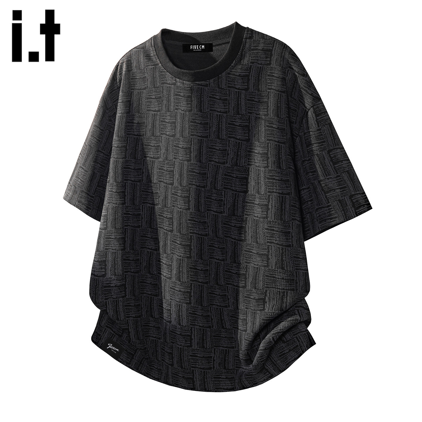 it:5cm/FIVECM黑色扎染格纹冰丝圆领男士短袖t恤夏季男款宽松上衣