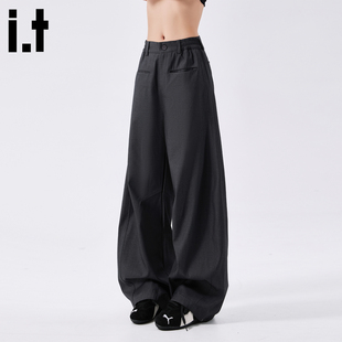 it :5cm/FIVECM灰色松紧腰宽松西裤轻职场西装裤男女秋季阔腿长裤