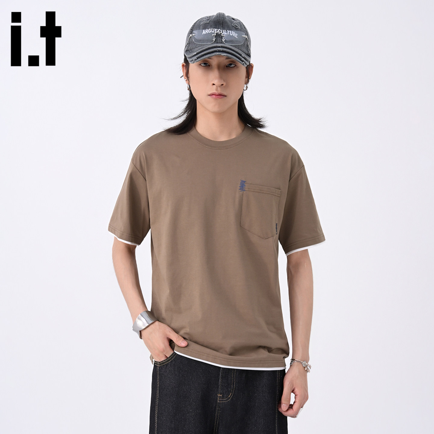 it :5cm/FIVECM撞色高级感圆领短袖正肩t恤男款2026新款夏季上衣