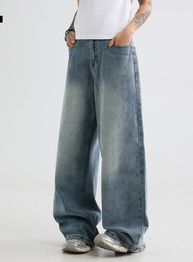it :5cm/FIVECM美式水洗蓝色时尚阔腿牛仔裤男女2025夏季直筒长裤