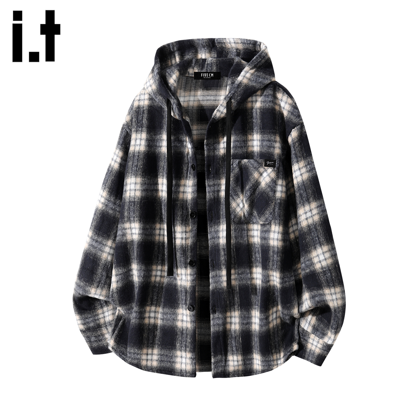 美式复古格子长袖连帽衬衫