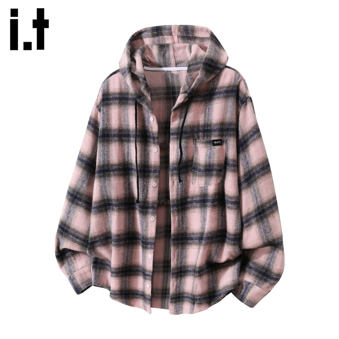 it :5cm/FIVECM粉色连帽格子长袖衬衫男款2025秋冬季休闲衬衣上衣