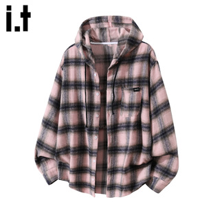 it :5cm/FIVECM粉色连帽格子长袖衬衫男款2025秋冬季休闲衬衣上衣