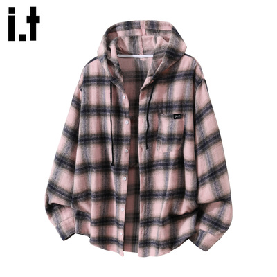 粉色连帽格子长袖衬衫男款