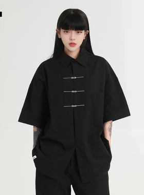 it :5cm/FIVECM男女同款黑色短袖衬衫2025新款宽松衬衣设计感上衣