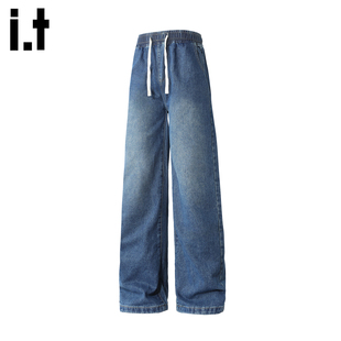 it :5cm/FIVECM蓝色抽绳阔腿牛仔裤男士2025秋冬宽松直筒垂感长裤
