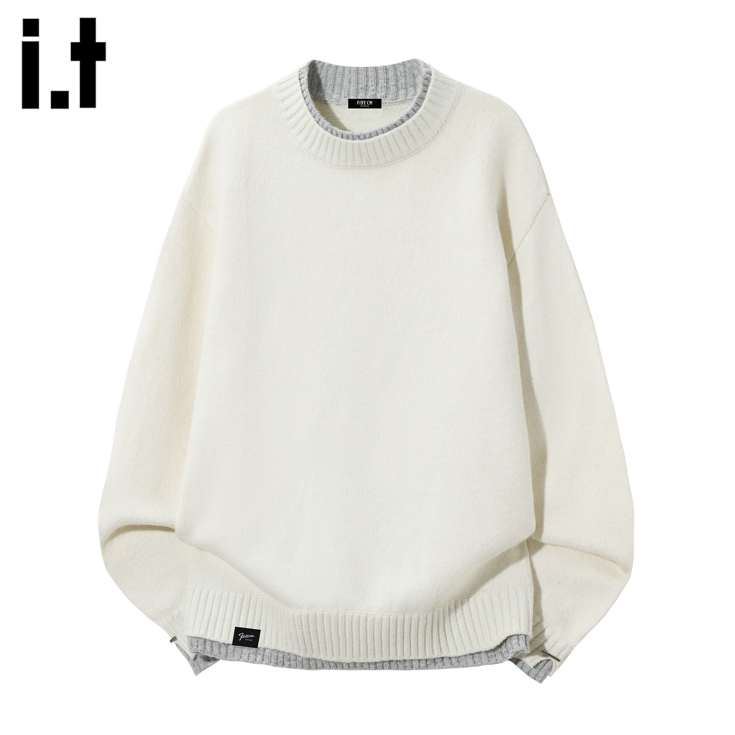 IT拼接假两件圆领毛衣男