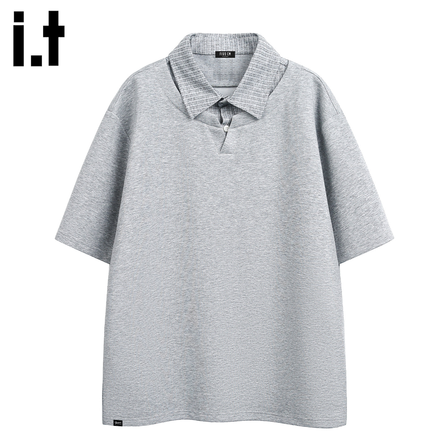 it :5cm/FIVECM拼接polo领短袖t恤女男夏季宽松设计感衬衫上衣潮