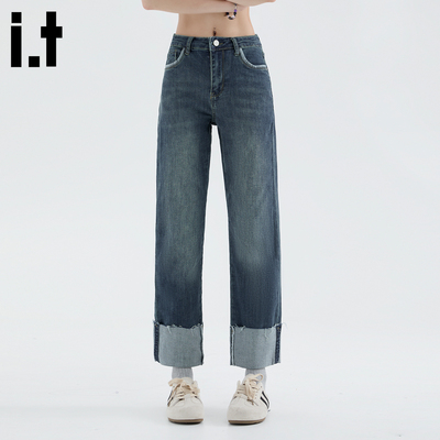 5cm蓝色卷边直筒裤牛仔裤女