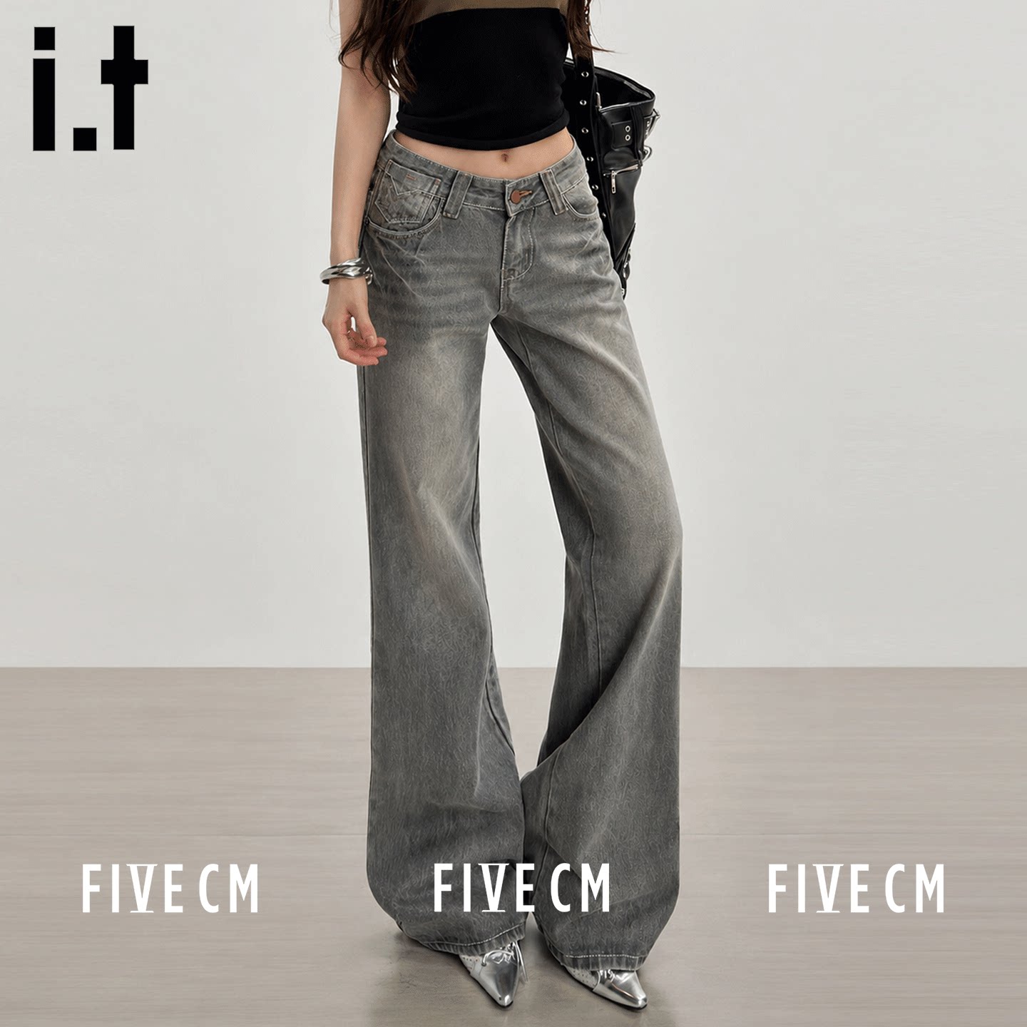 itFIVECM千禧做旧阔腿牛仔裤女