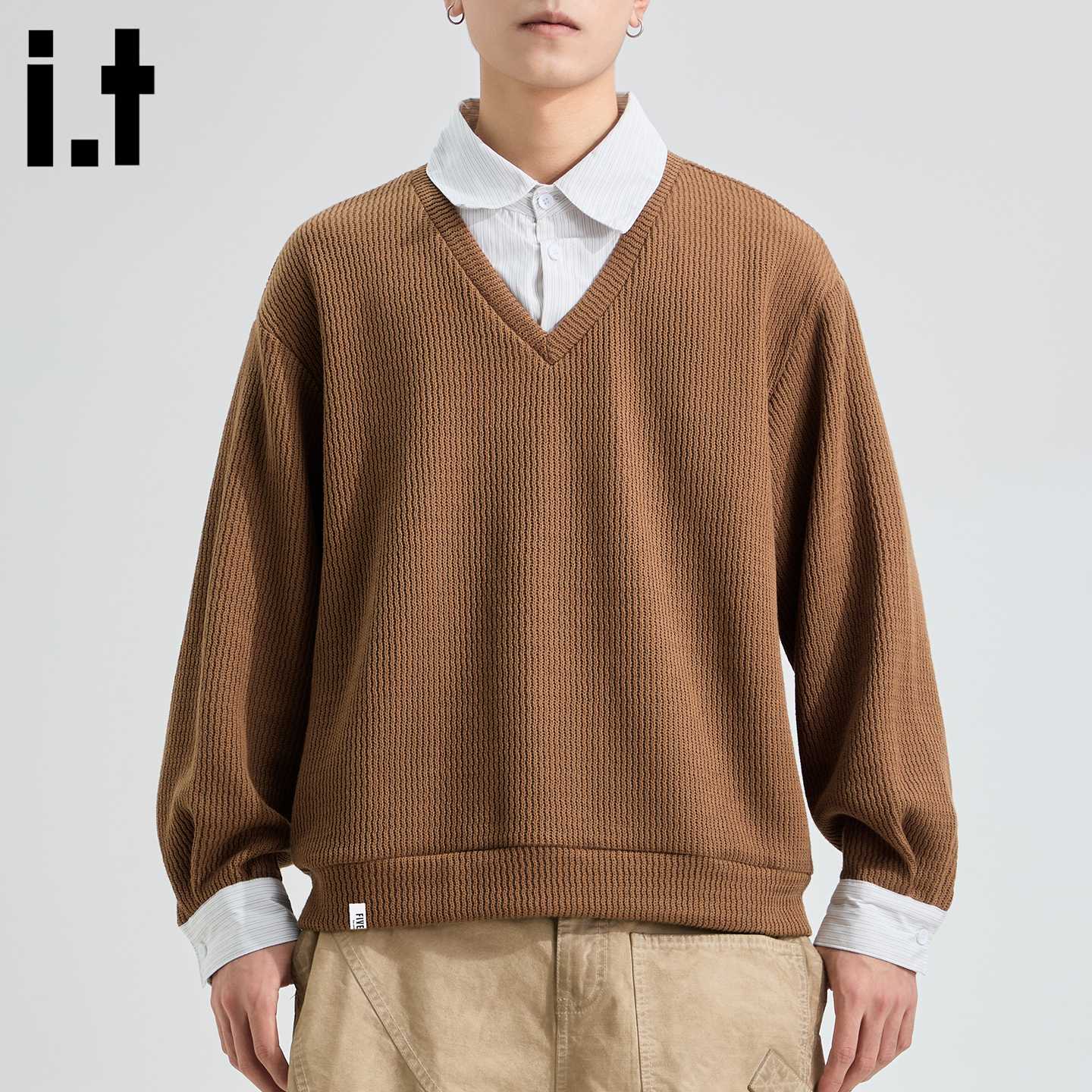 IT5cm男士拼接衬衫领针织衫