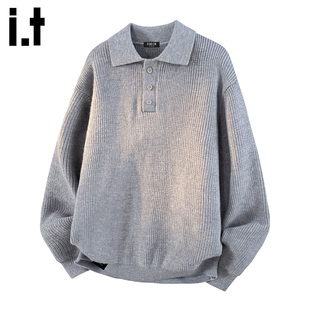 it :5cm/FIVECM简约polo领灰色毛衣男士2025秋冬季宽松针织衫内搭