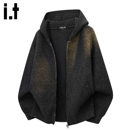 it :5cm/FIVECM黑色连帽开衫针织毛衣男士2025秋冬季宽松休闲外套