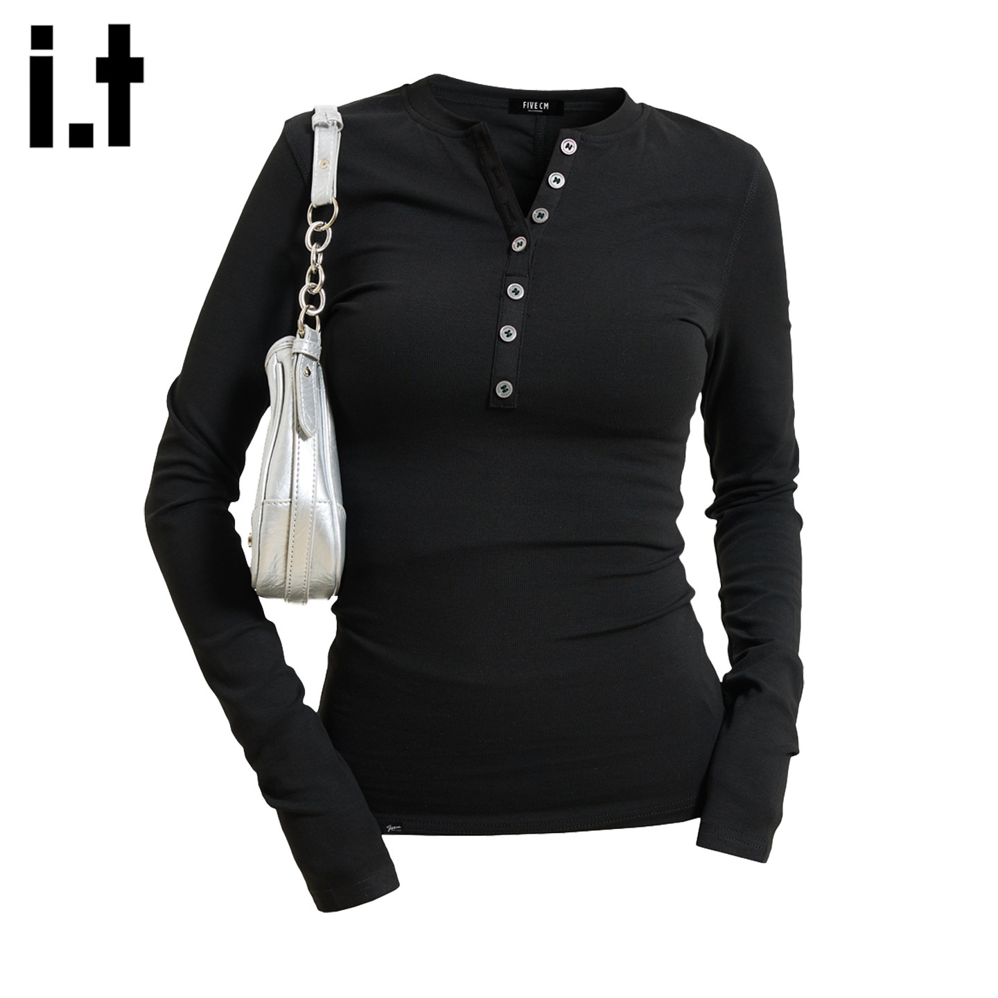 it :5cm/FIVECM黑色亨利领长袖t恤女2026春夏季修身正肩内搭上衣