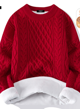 it :5cm/FIVECM红色圆领麻花毛衣男士2025冬季加绒加厚保暖针织衫