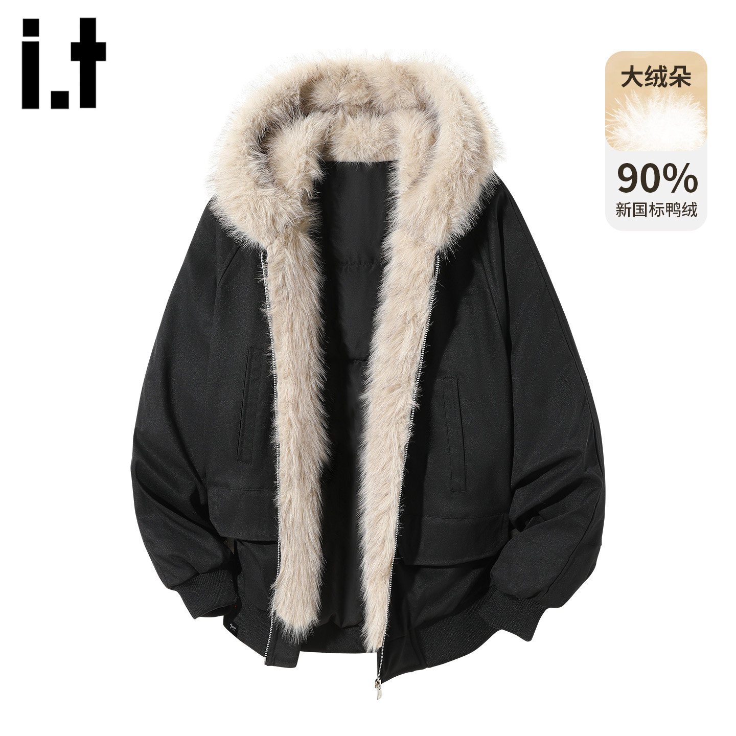 it黑色座山雕毛毛领连帽羽绒服