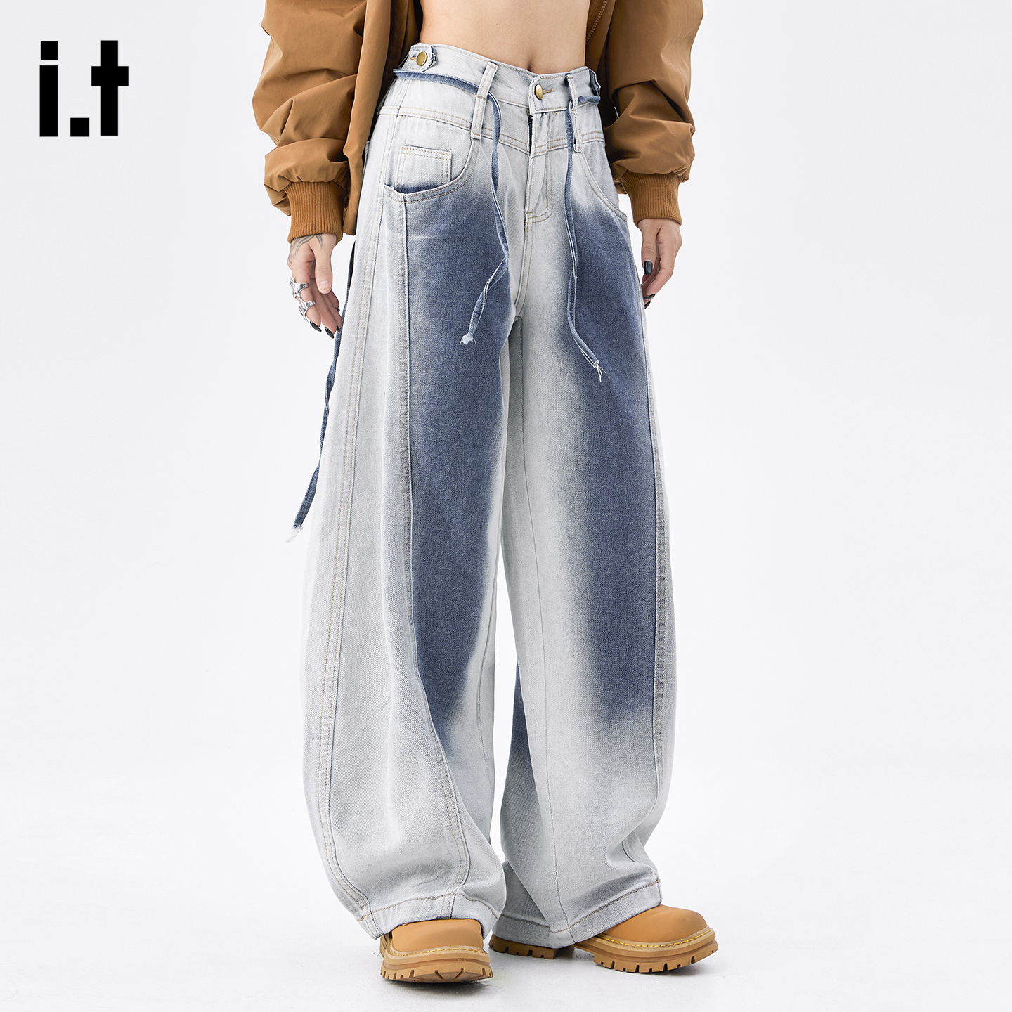 IT5cm美式渐变宽松弯刀裤