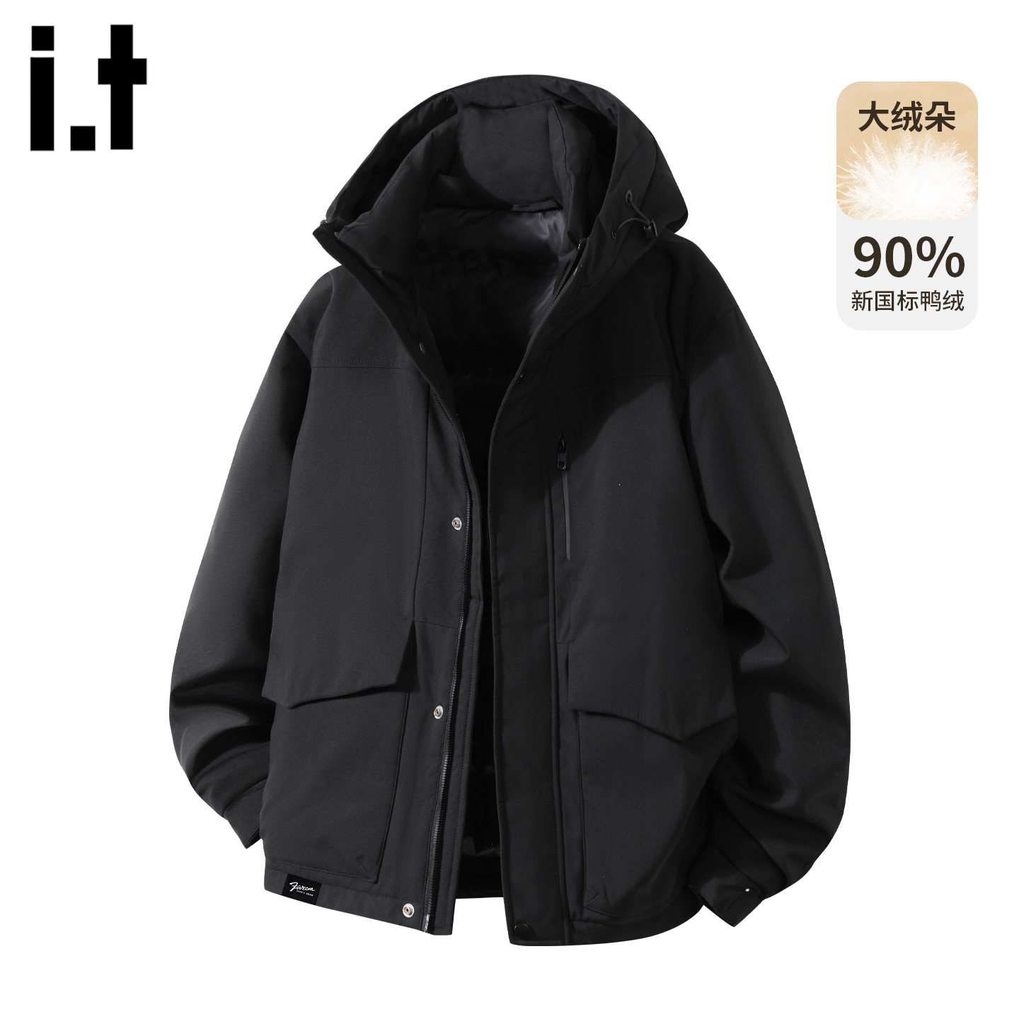 it :5cm/FIVECM黑色高级感连帽羽绒服男2025冬季保暖鸭绒短款外套