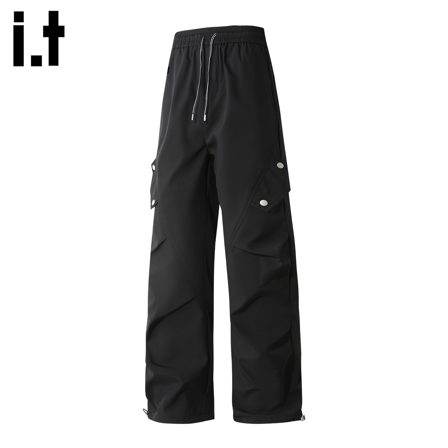 IT直筒休闲直筒黑色松紧工装长裤