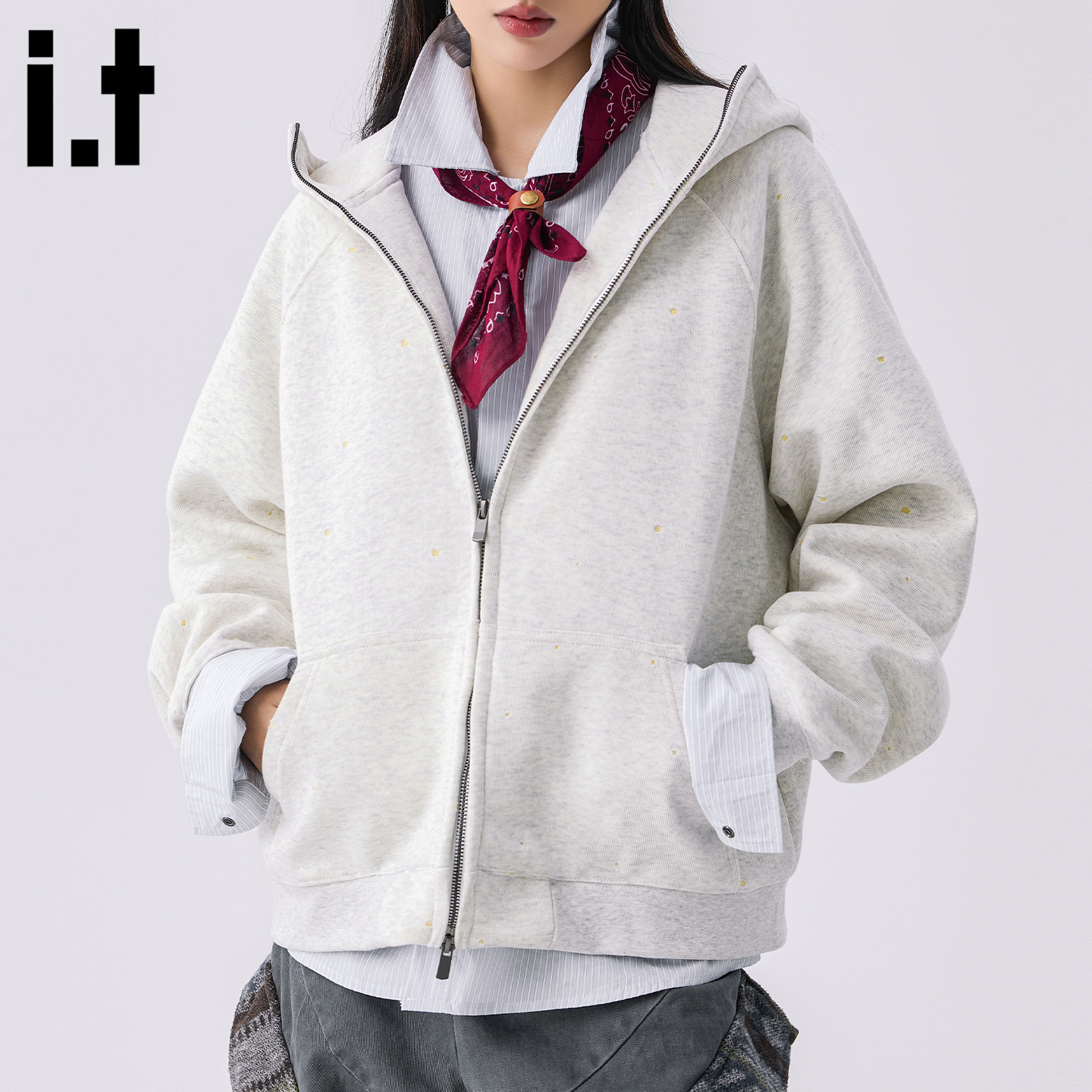 灰色连帽长袖短款卫衣开衫外套