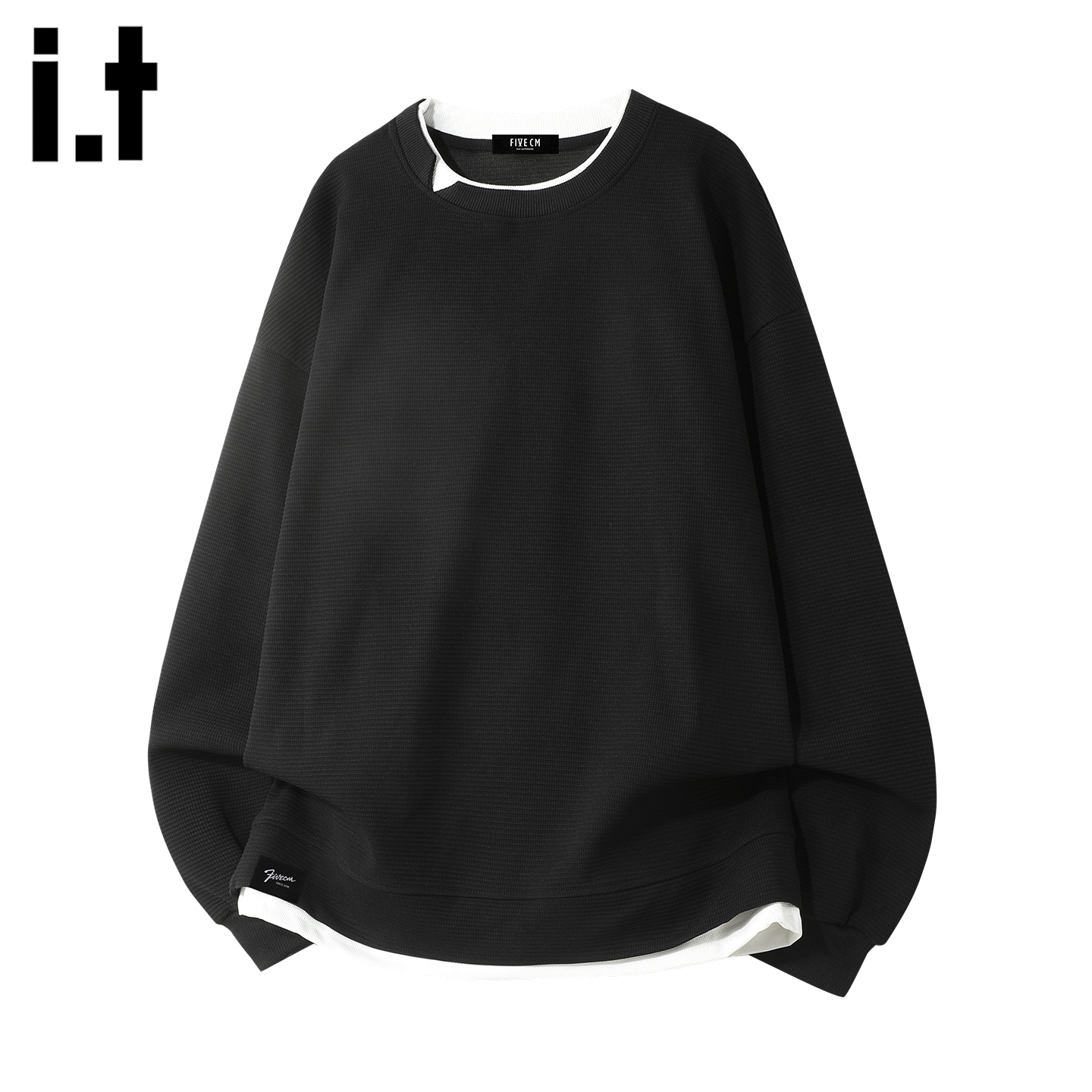 it :5cm/FIVECM美式假两件黑色圆领卫衣男秋季新款宽松休闲慵懒风
