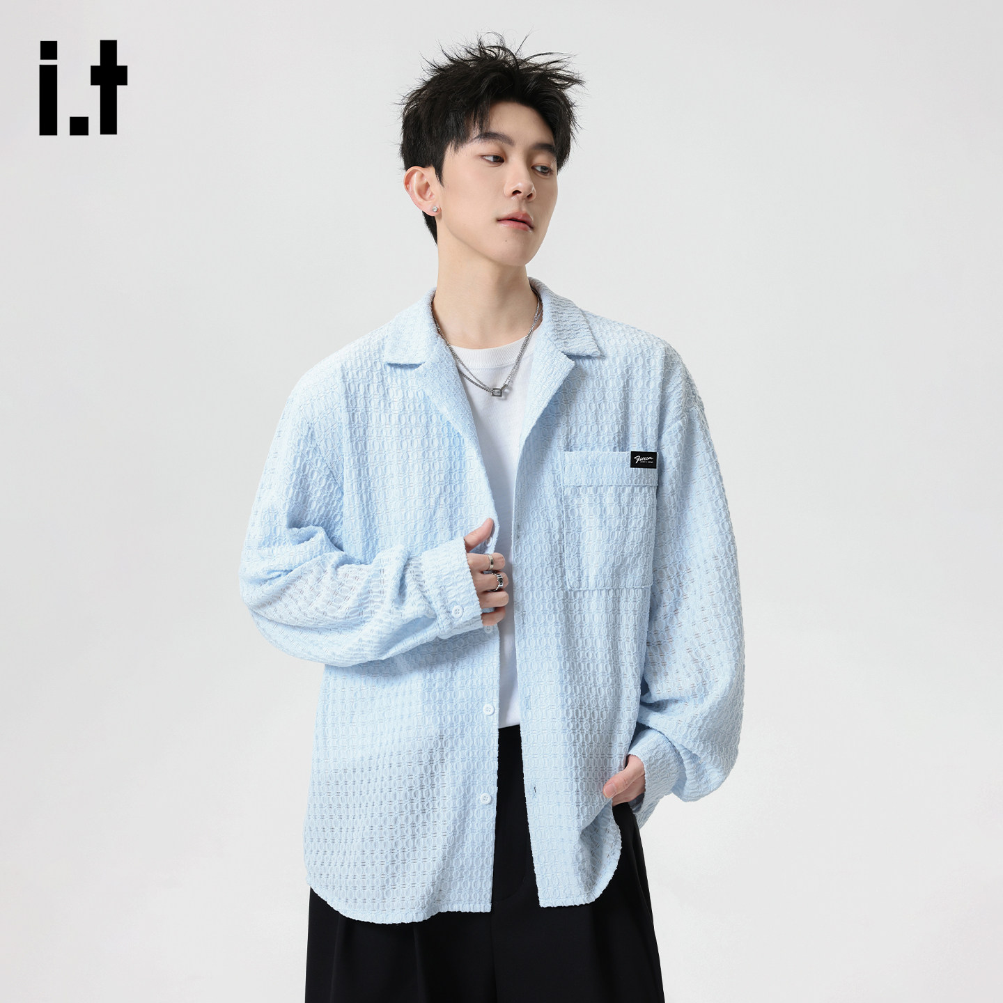it :5cm/FIVECM春季新款美式慵懒风针织衬衫男潮长袖宽松休闲外套