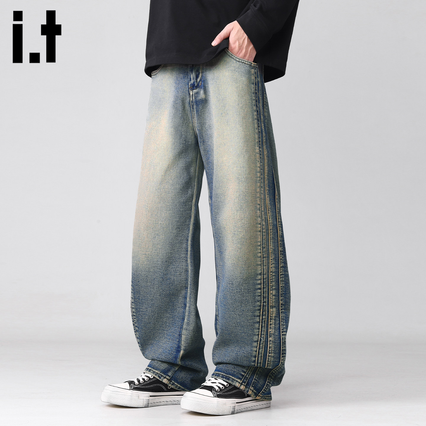it :5cm/FIVECM美式复古阔腿裤牛仔长裤做旧水洗牛仔裤男显瘦裤子