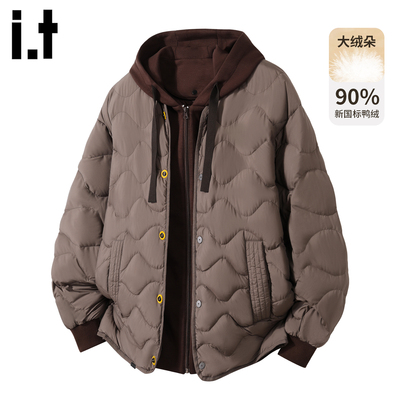 it拼接假两件连帽羽绒服