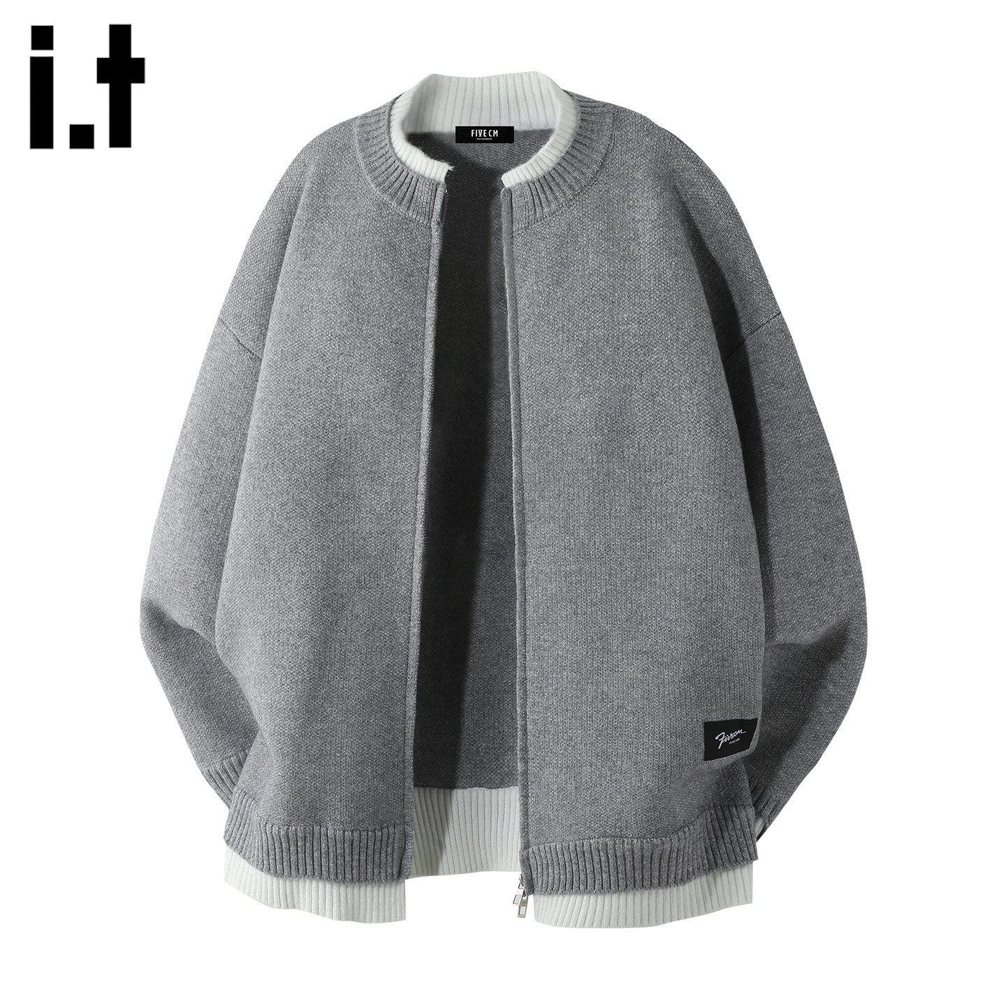 IT撞色假两件拉链开衫针织毛衣