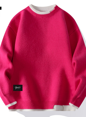 it :5cm/FIVECM假两件撞色圆领针织毛衣男士2025秋冬宽松休闲上衣