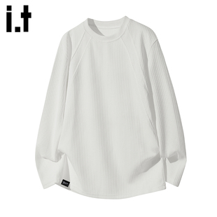t恤男士 FIVECM白色肌理感圆领长袖 2025秋冬打底休闲上衣 5cm