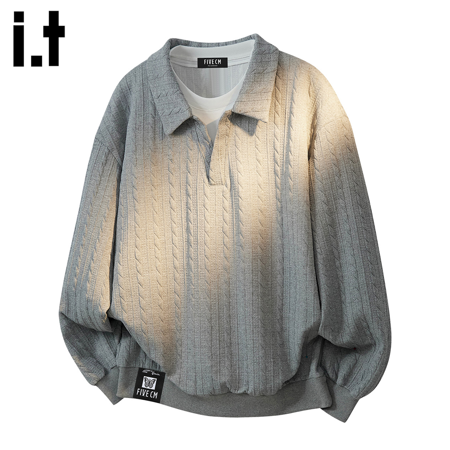 潮牌时尚坑条翻领长袖卫衣