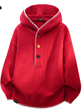 it :5cm/FIVECM马年红色连帽毛衣男士秋冬季慵懒风高级感毛衣外套