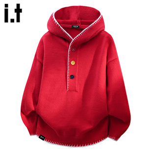 it :5cm/FIVECM马年红色连帽毛衣男士秋冬季慵懒风高级感毛衣外套