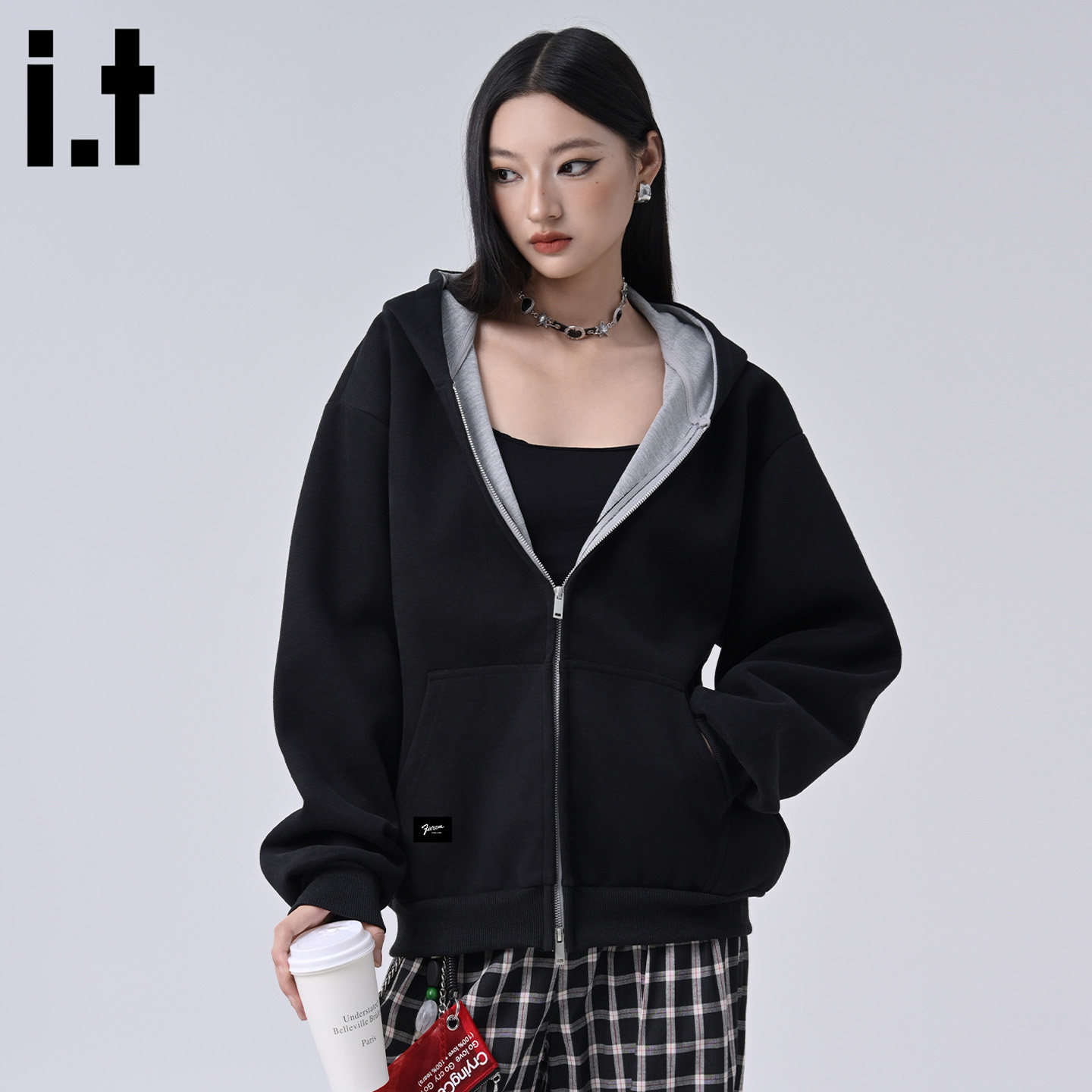 it :5cm/FIVECM黑色拉链开衫连帽卫衣男女2025秋季宽松帽衫外套潮