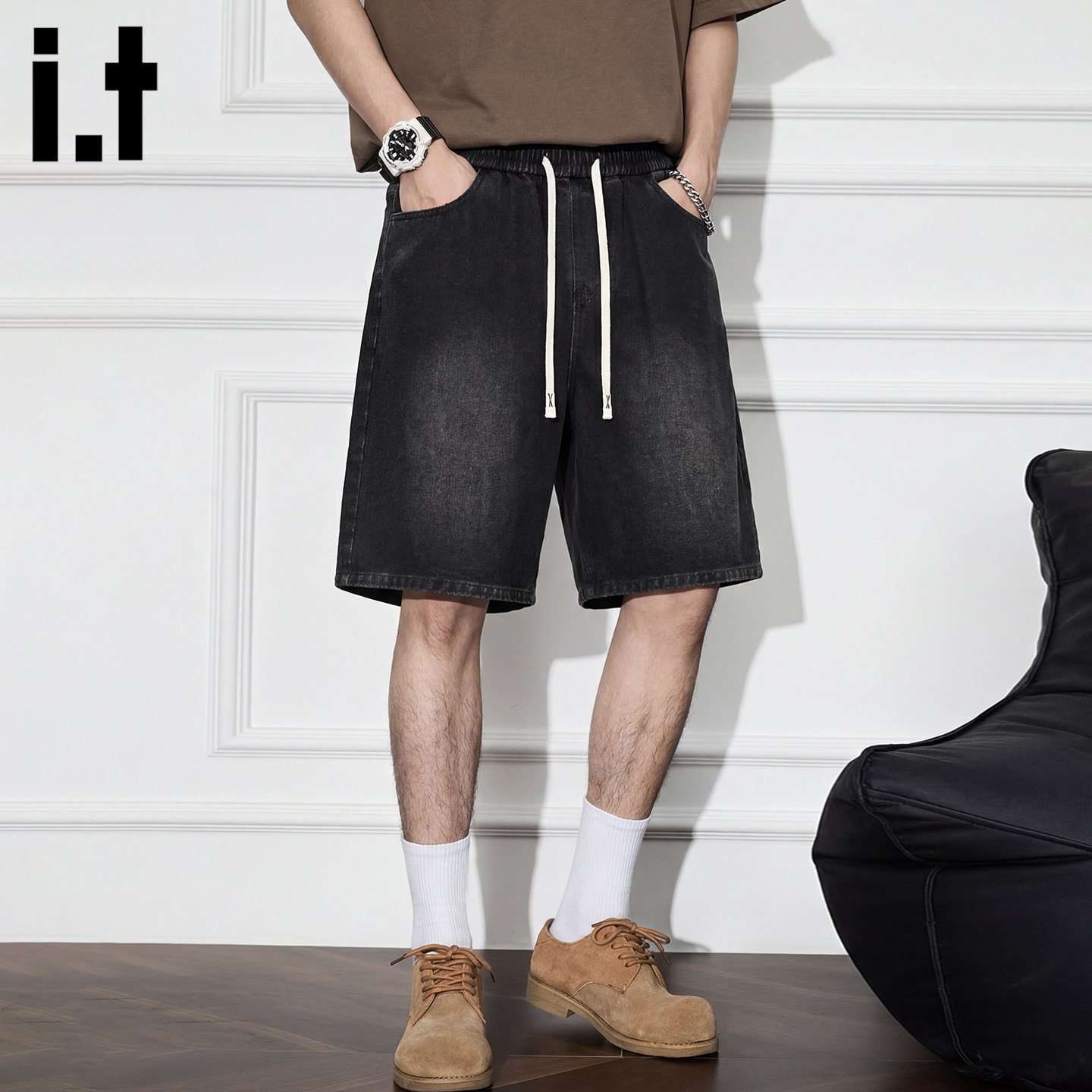 it :5cm/FIVECM美式复古水洗牛仔短裤男士夏季潮流宽松直筒五分裤