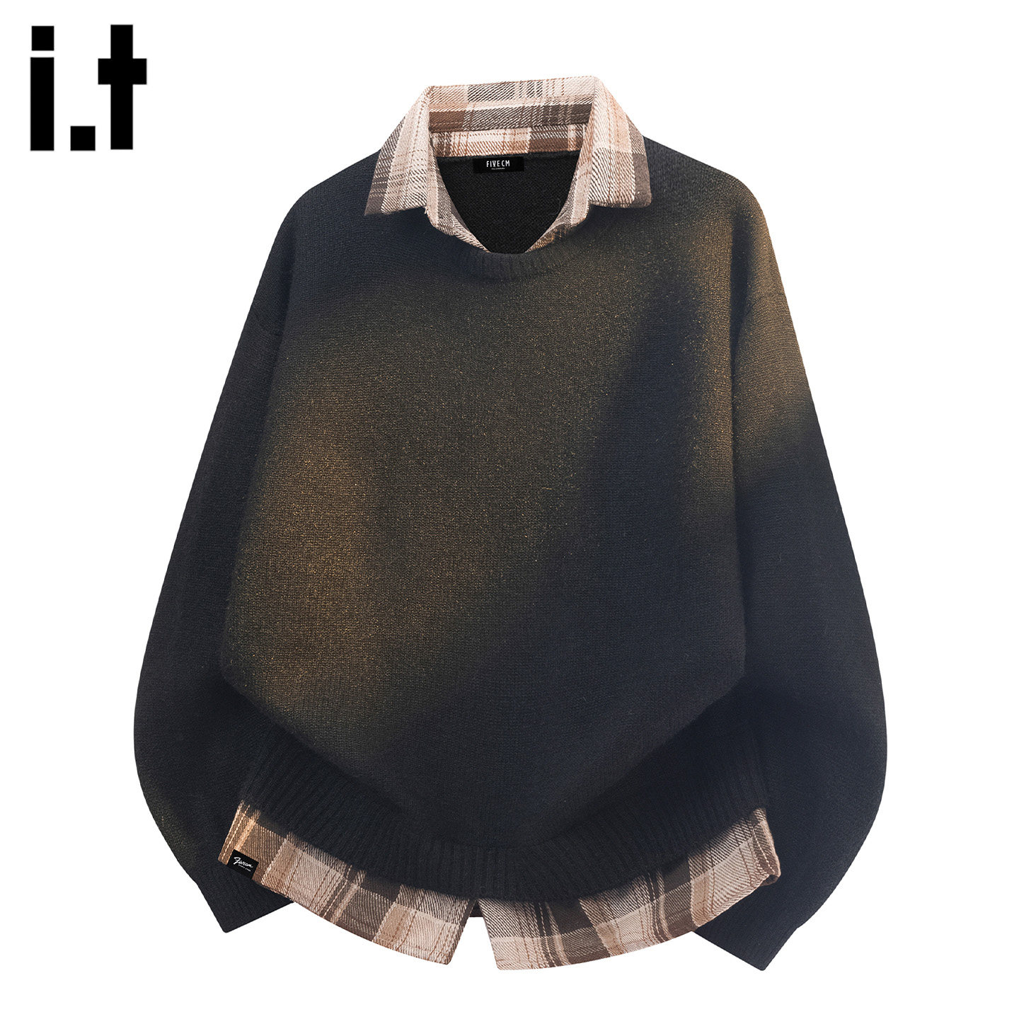 it :5cm/FIVECM黑色美拉德复古针织衫男款秋季假两件设计休闲毛衣