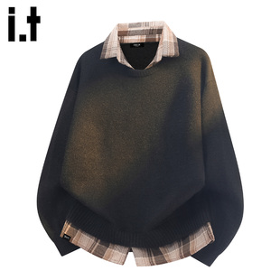 it :5cm/FIVECM黑色美拉德复古针织衫男款秋季假两件设计休闲毛衣