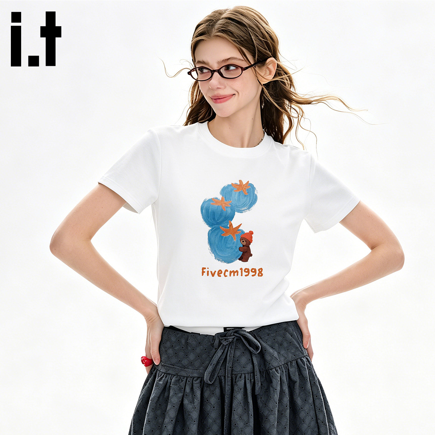 it:FIVECM白色短袖t恤女2026新款夏季番茄印花圆领宽松正肩上衣S