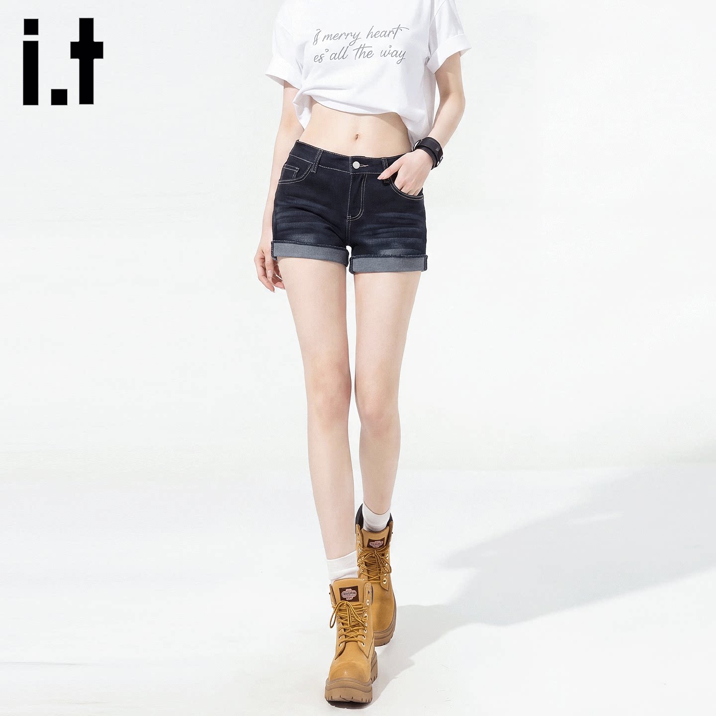 itFIVECM复古卷边牛仔短裤女